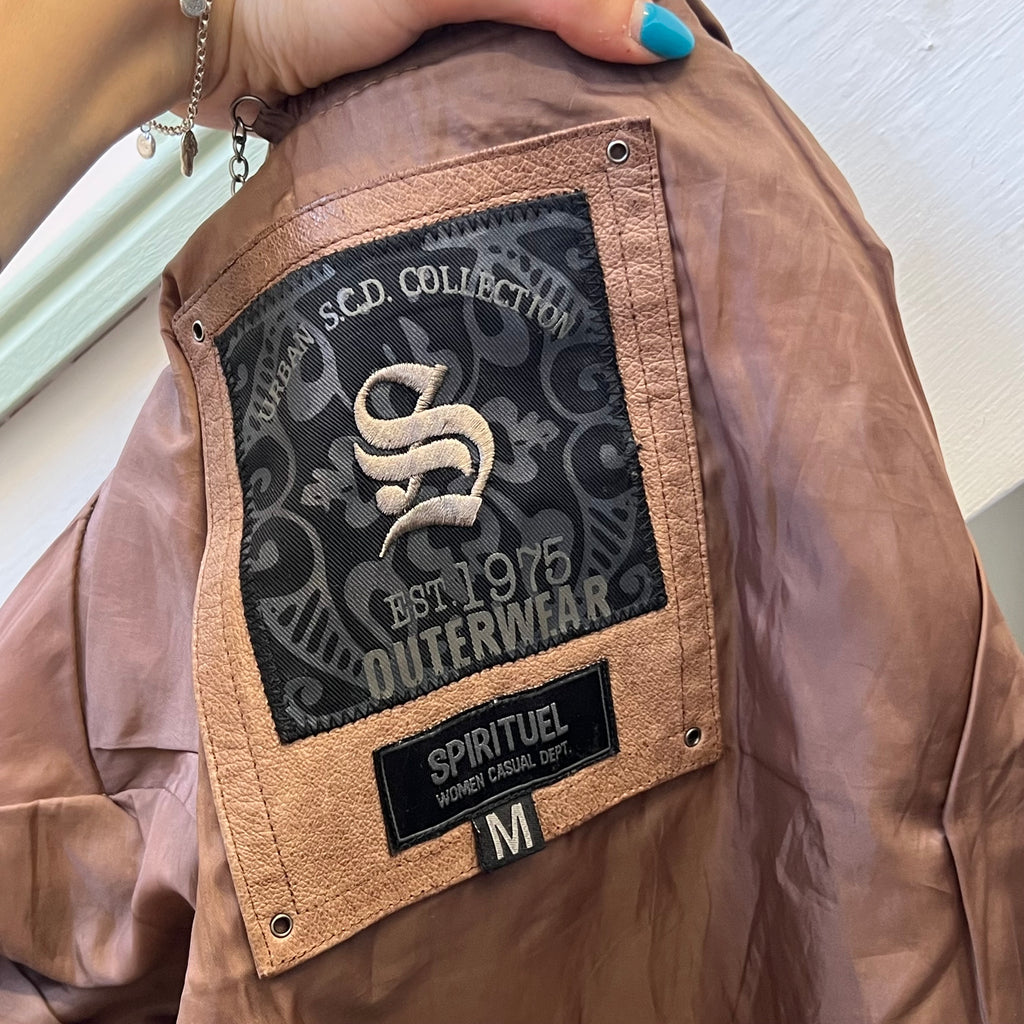 Brown leather zip up bomber jacket