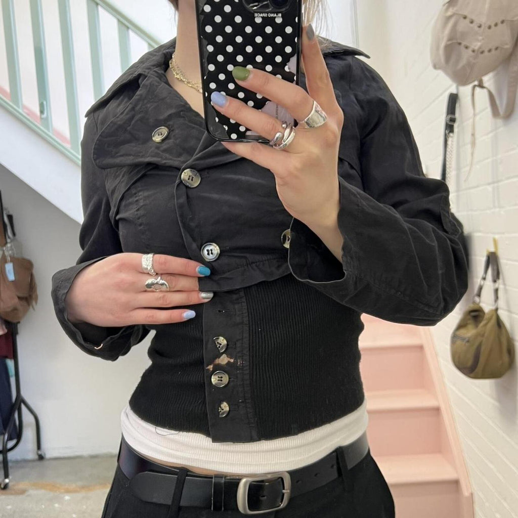 black fitted vintage peacoat with elastic waist