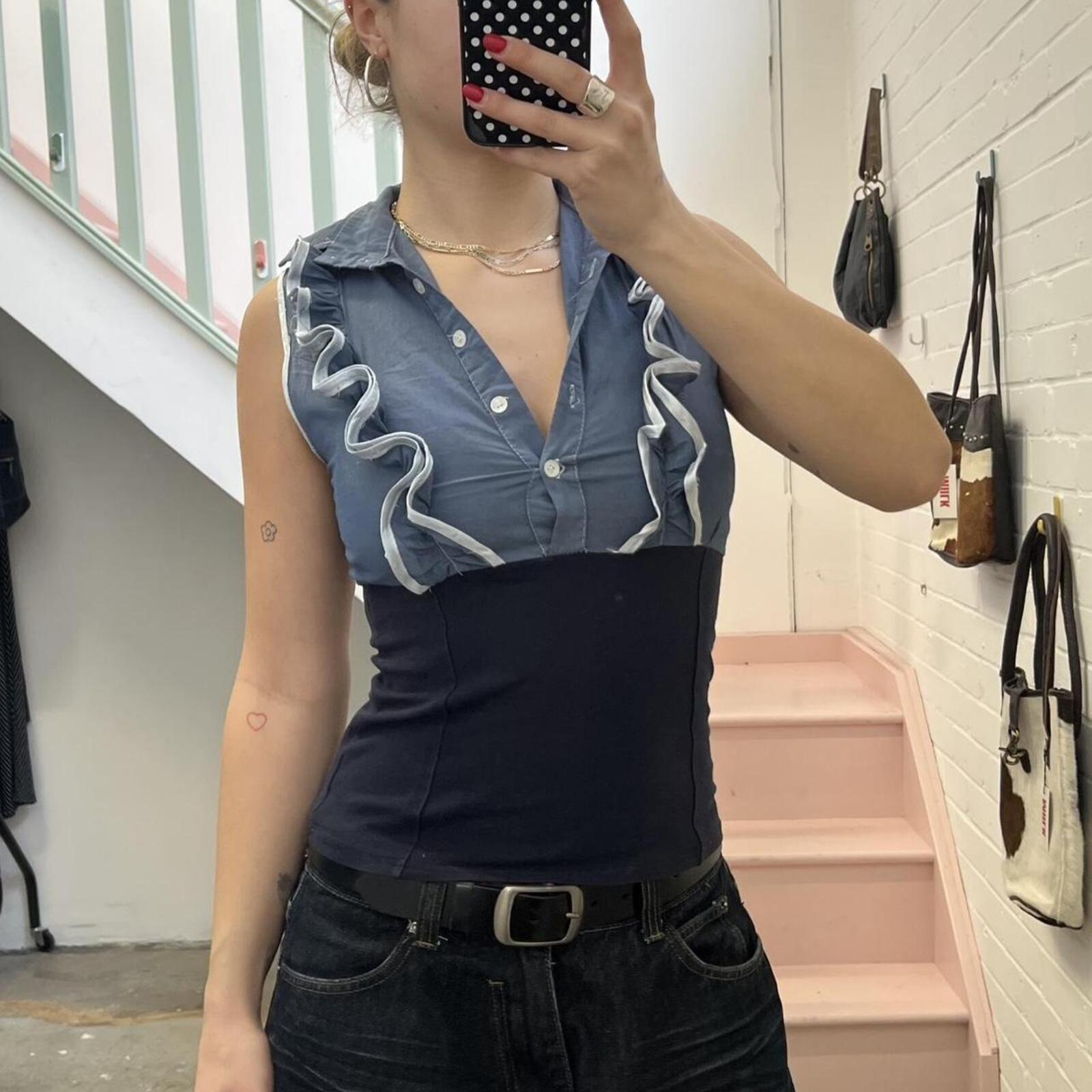 blue and navy fitted vintage shirt vest with ruffles