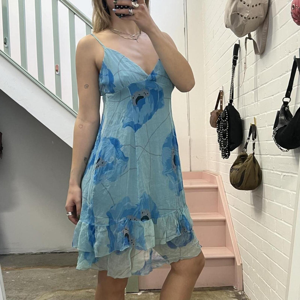 Blue silk floaty printed vintage slip dress