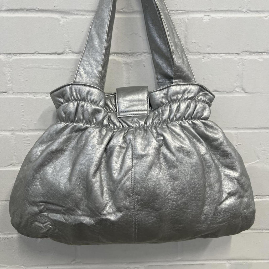 silver chrome metallic faux leather oversized handbag with chunky button detail