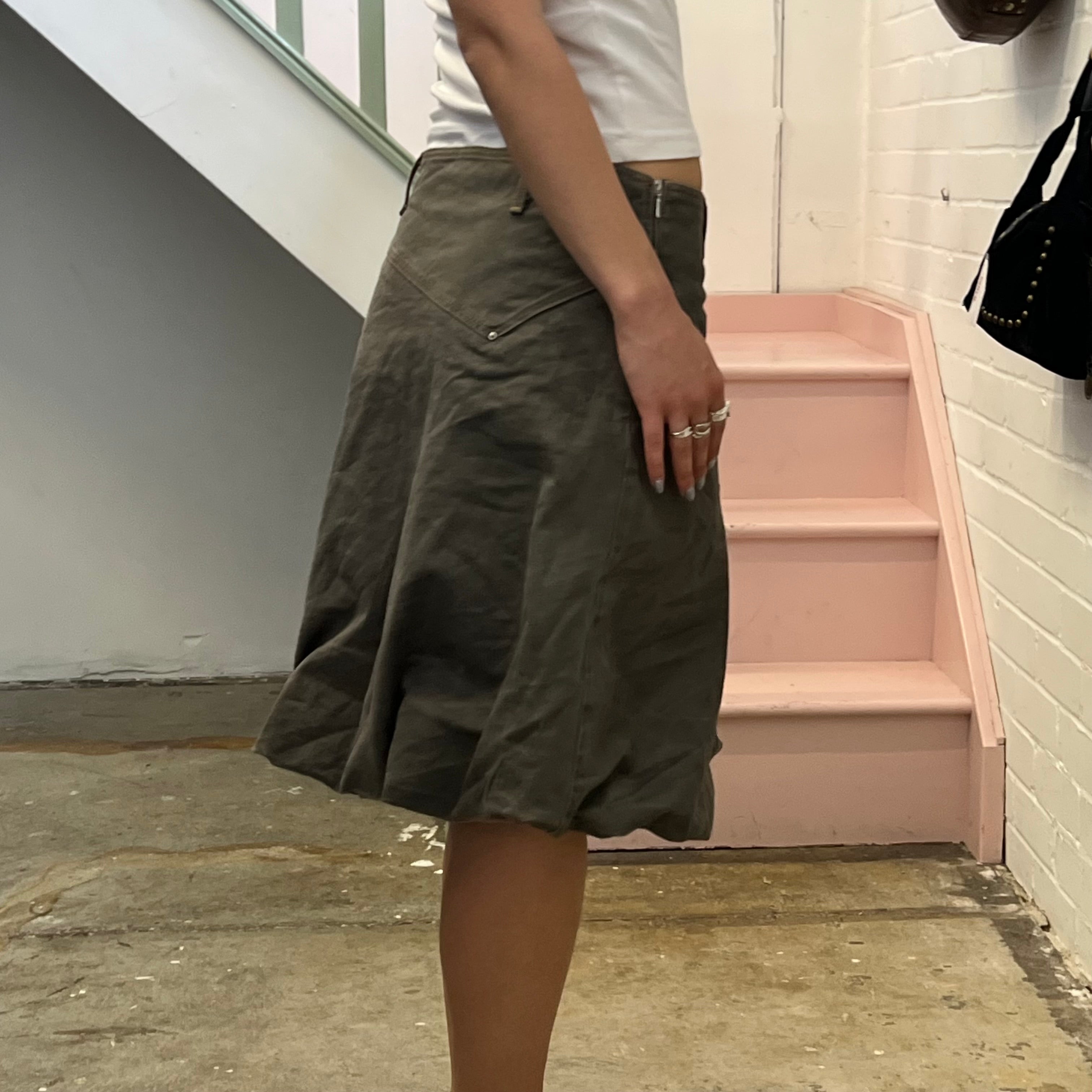 Benetton khaki denim bubble hem midi skirt