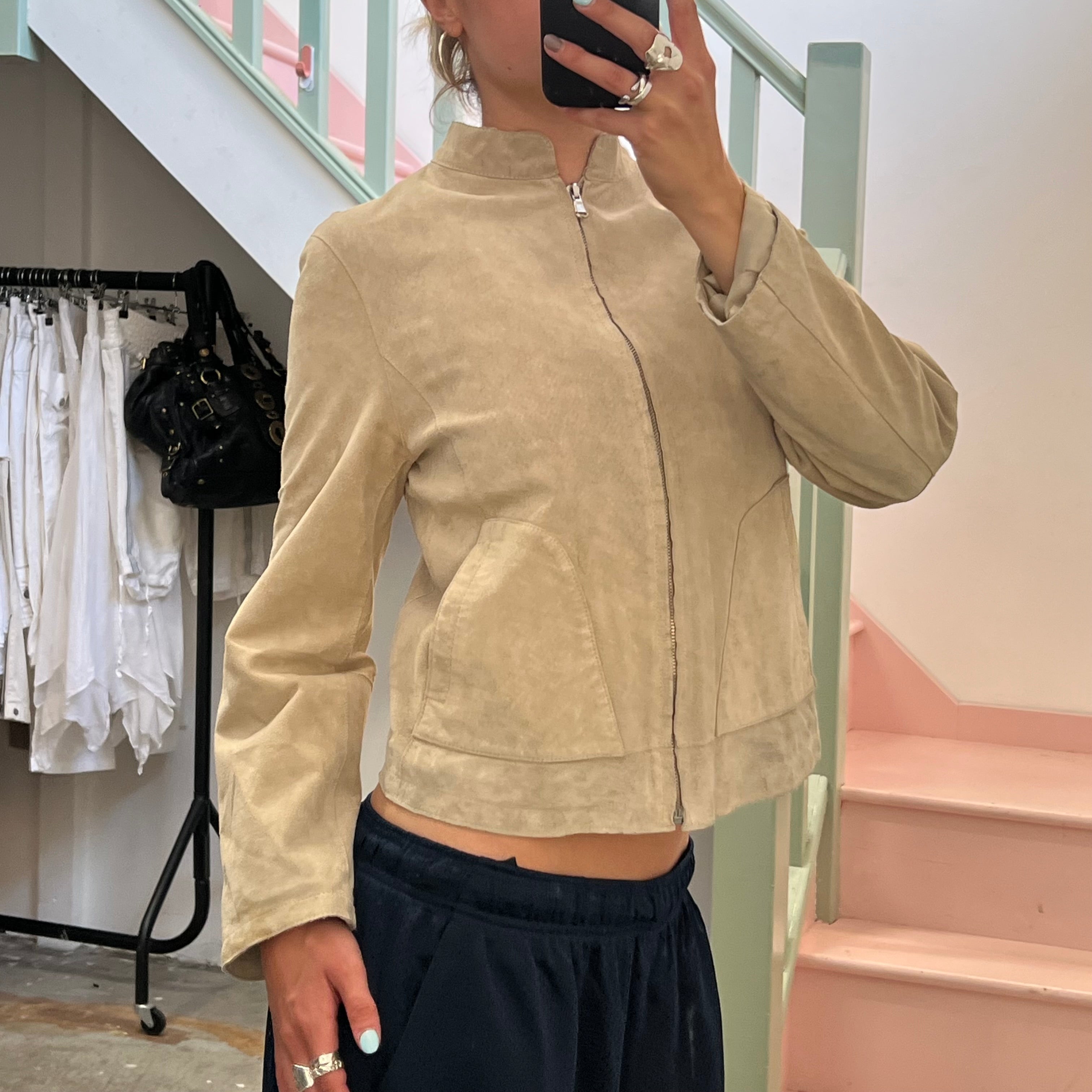 Cream suede zip up fitted jacket