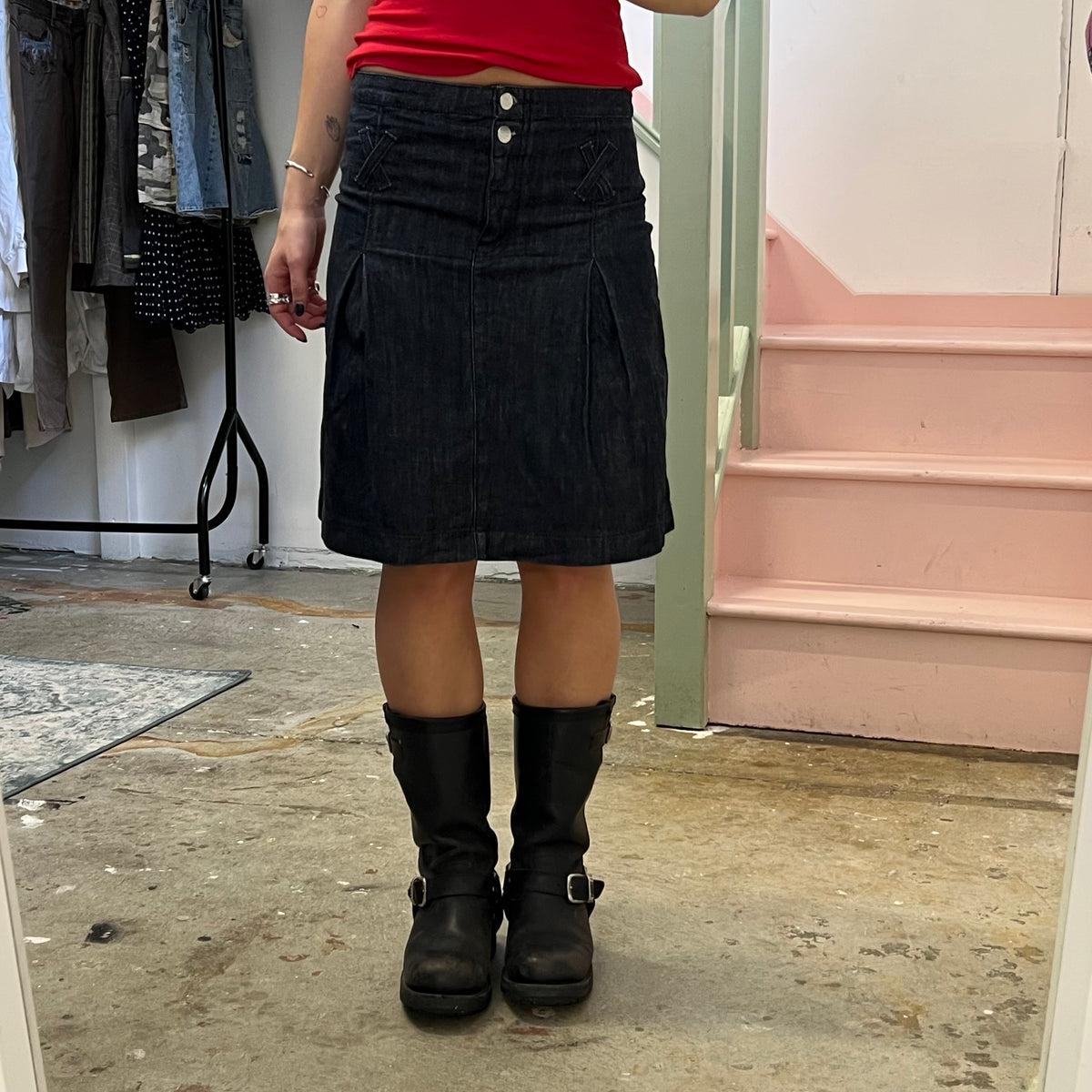 Navy denim midi skirt