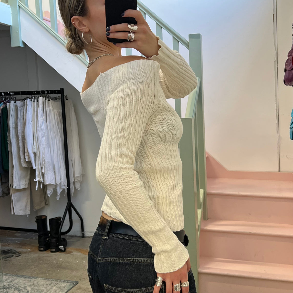 Cream knitted off shoulder sweater