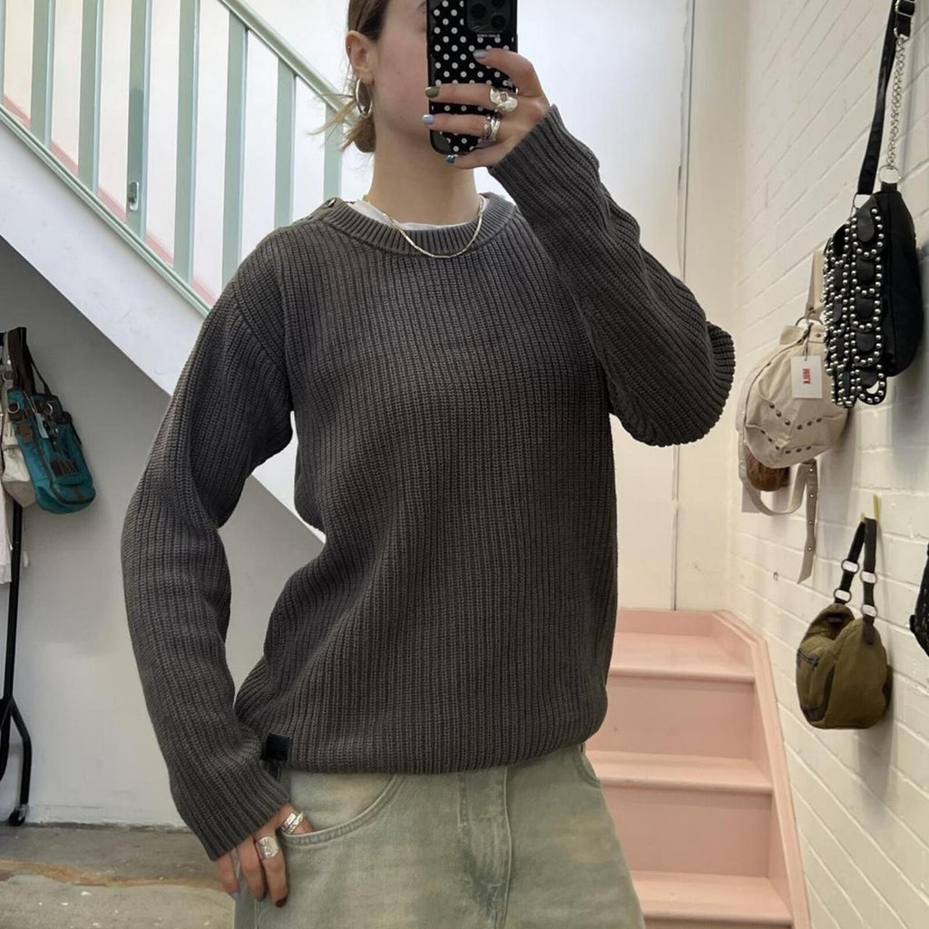 G-Star Raw utility style grey chunky knit crew neck vintage sweater with button detail