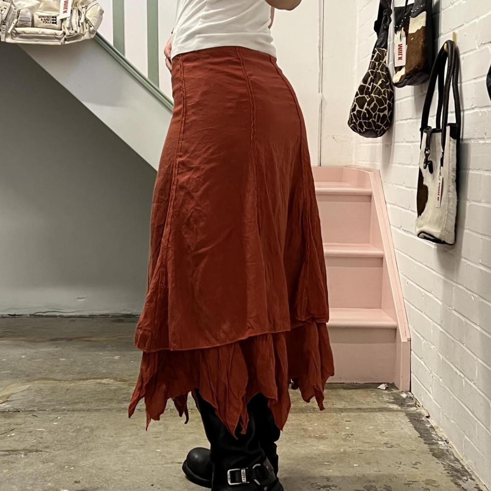 Burnt orange layered vintage asymmetrical fairycore maxi skirt