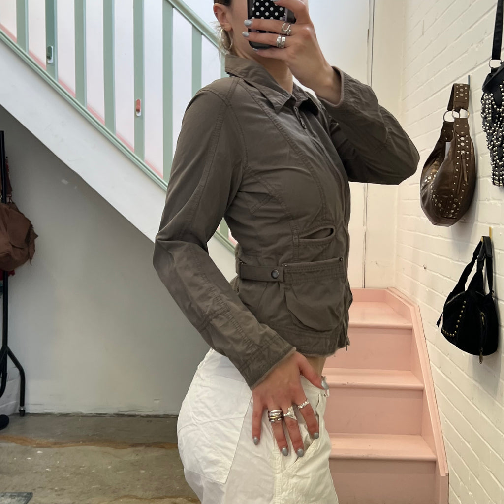 Khaki grey lightweight fitted zip up biker jacket