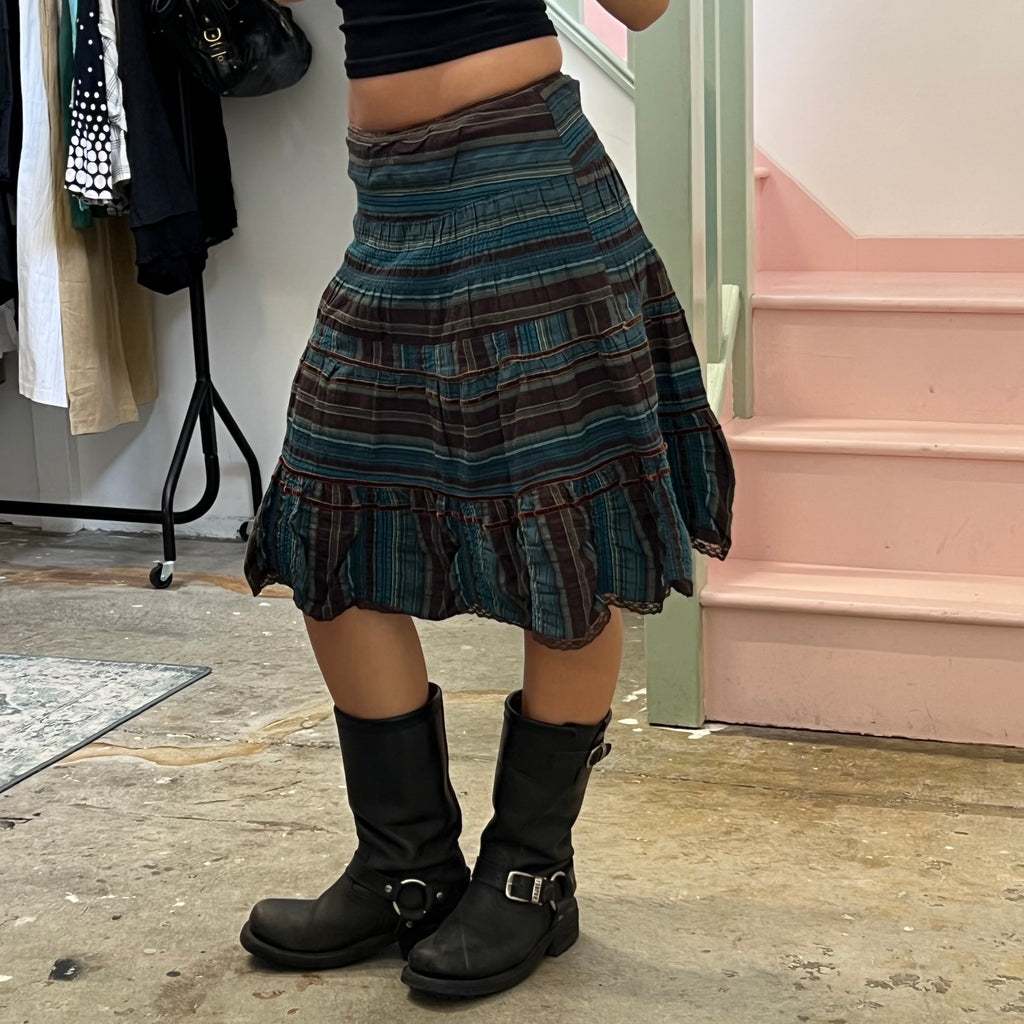 Brown and blue striped midi skirt