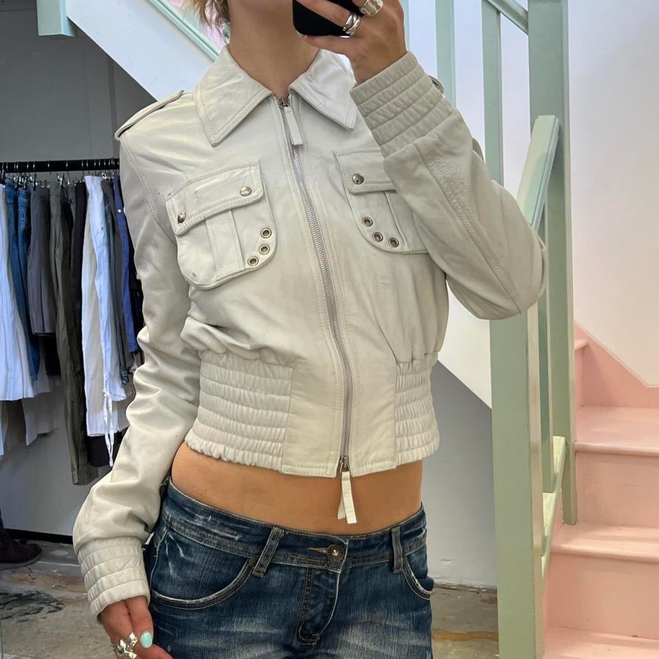White leather bomber jacket with fitted waist