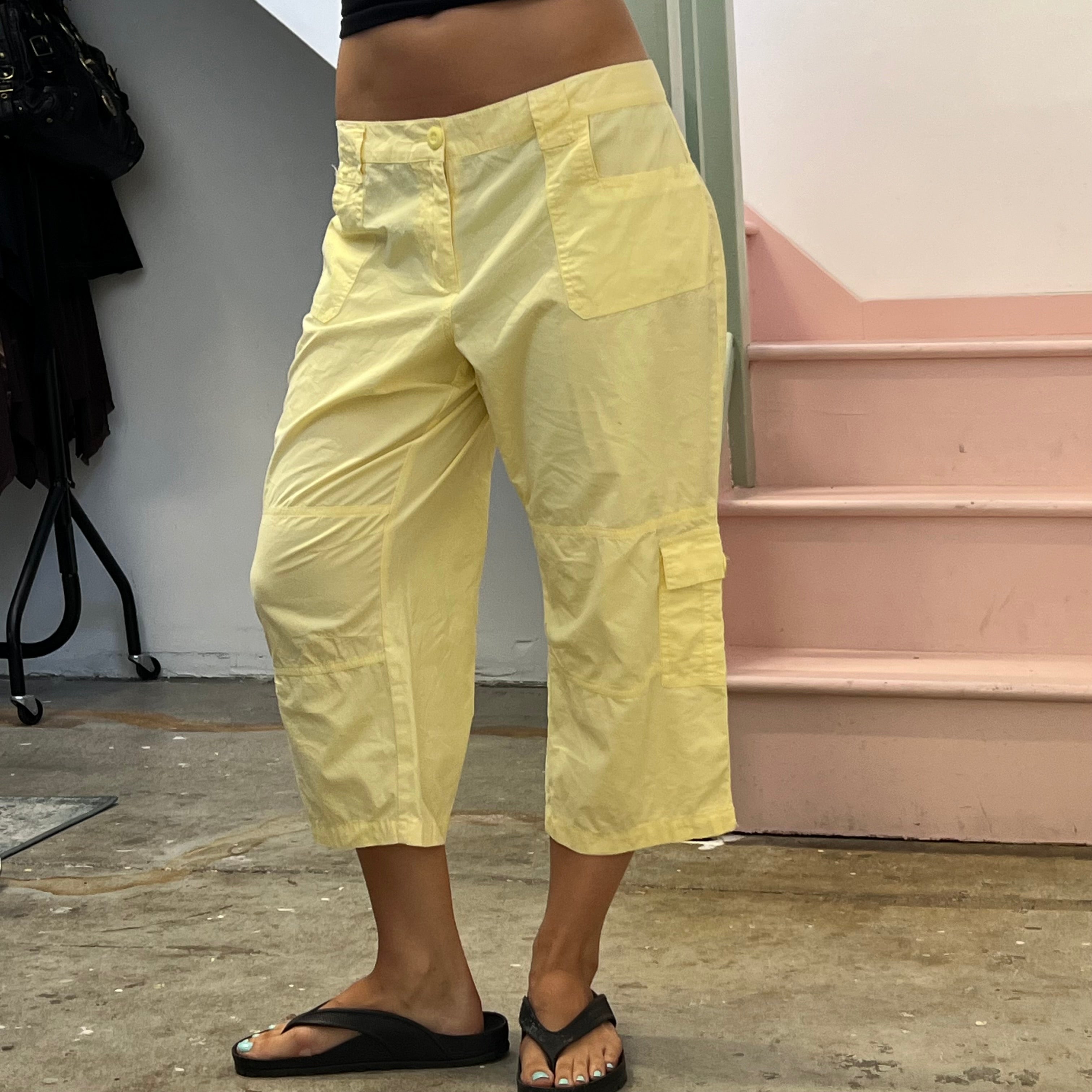 Yellow wide leg cargo capris