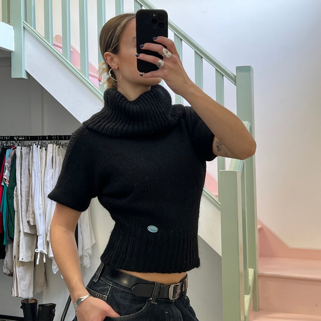 Black short sleeve roll neck batwing sweater