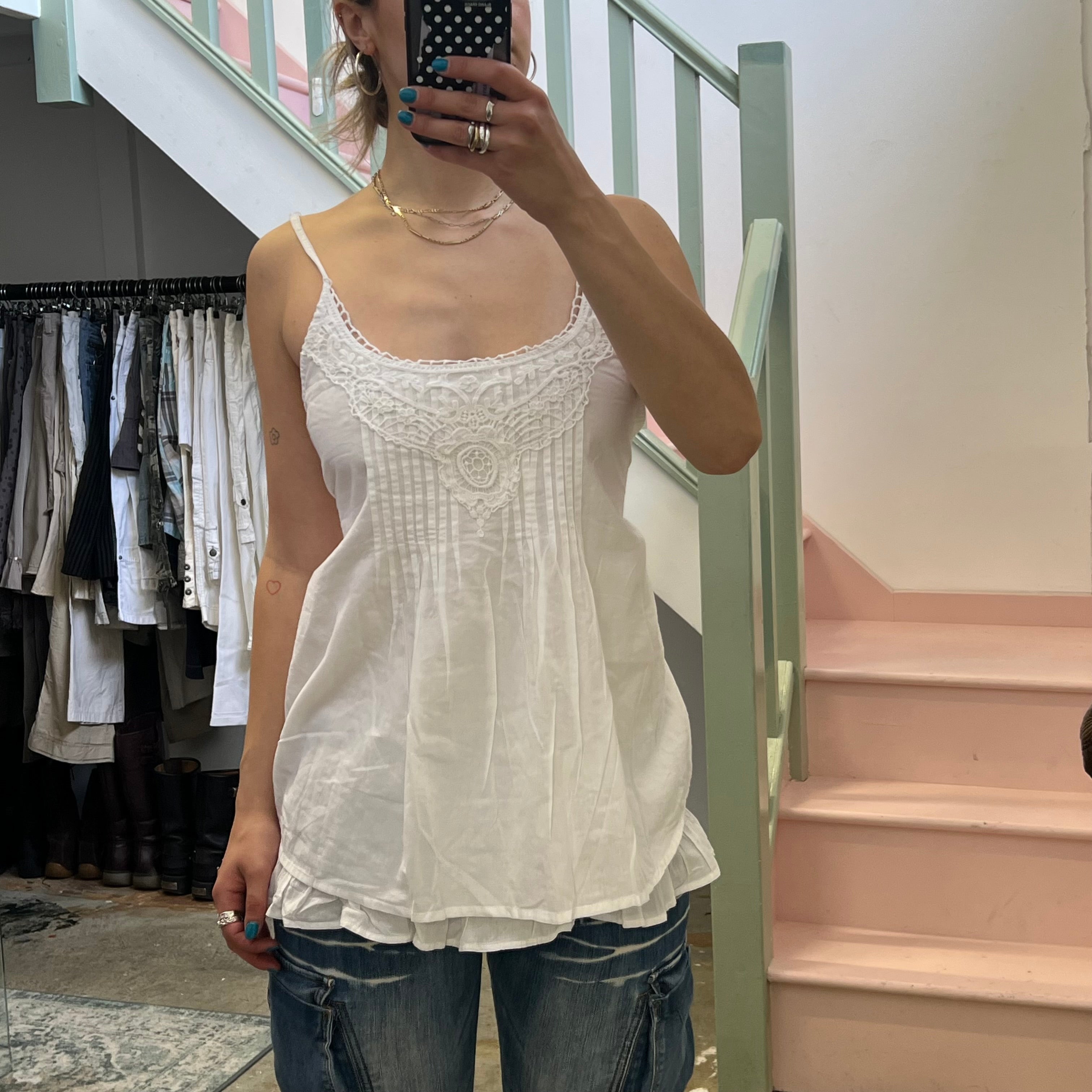 White cotton floaty tie back vest