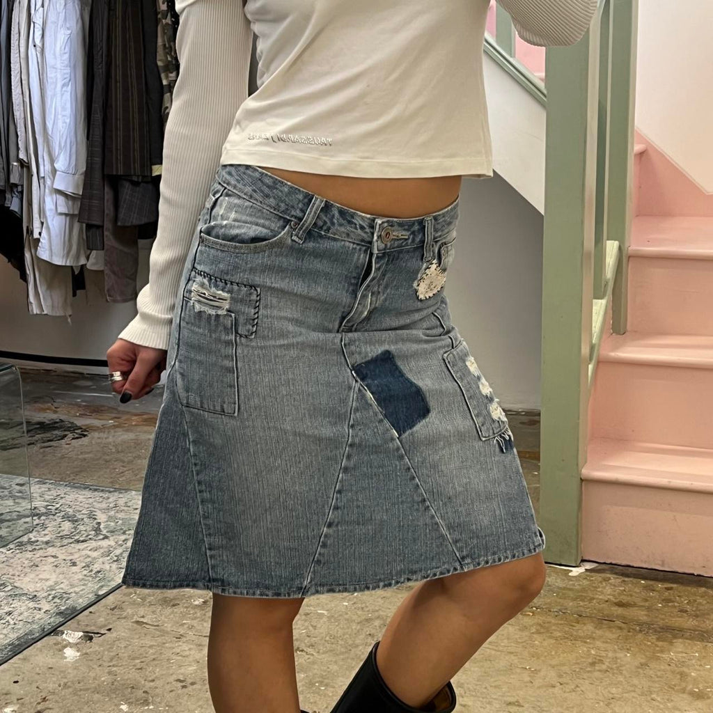 Light wash denim patchwork midi skirt