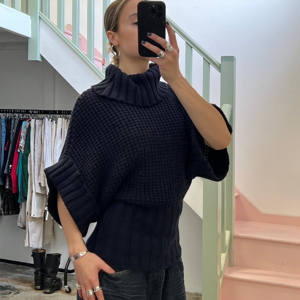 Navy chunky knit batwing roll neck sweater