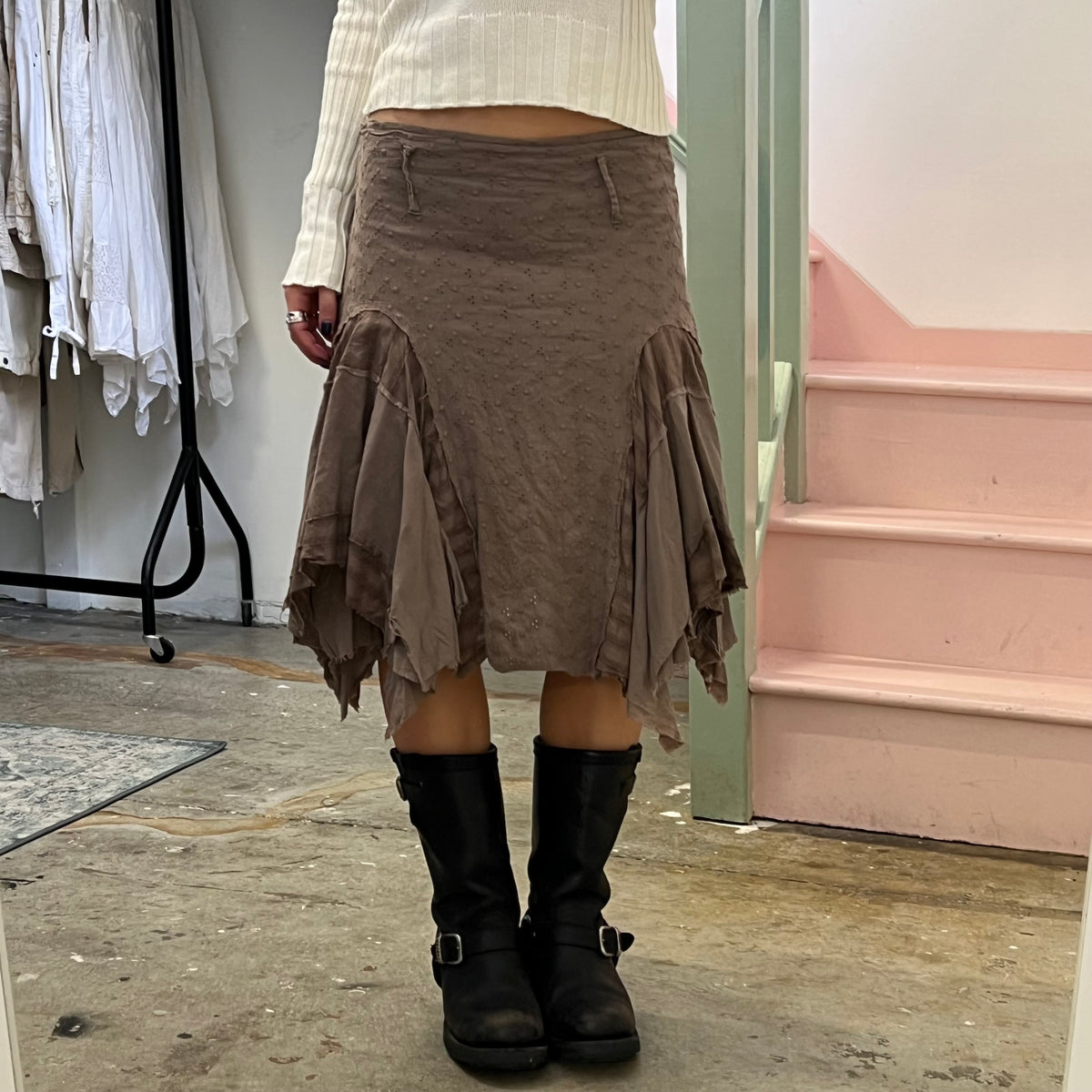 Brown ruffle patchwork asymmetrical midi skirt