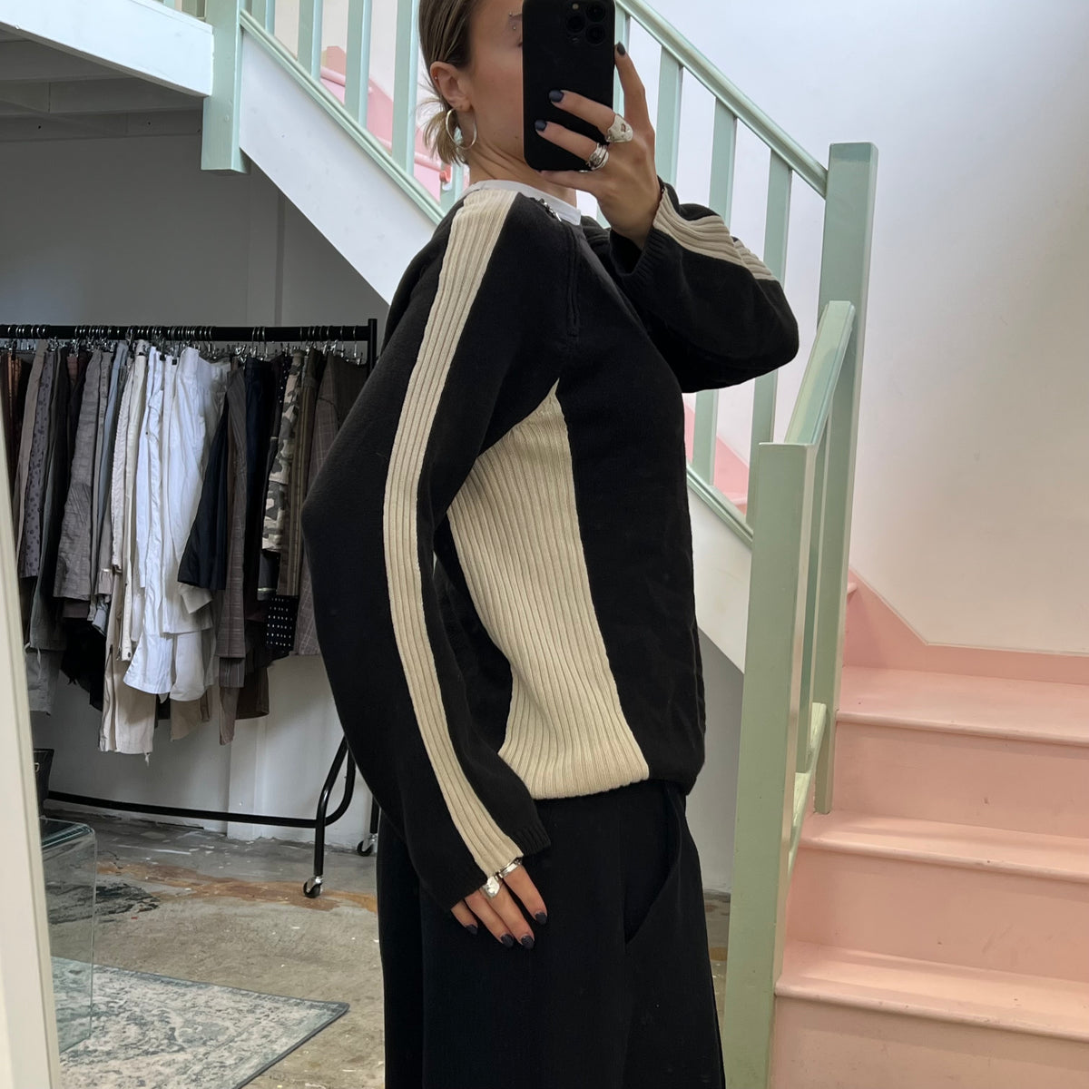 Black and cream knitted zip sweater