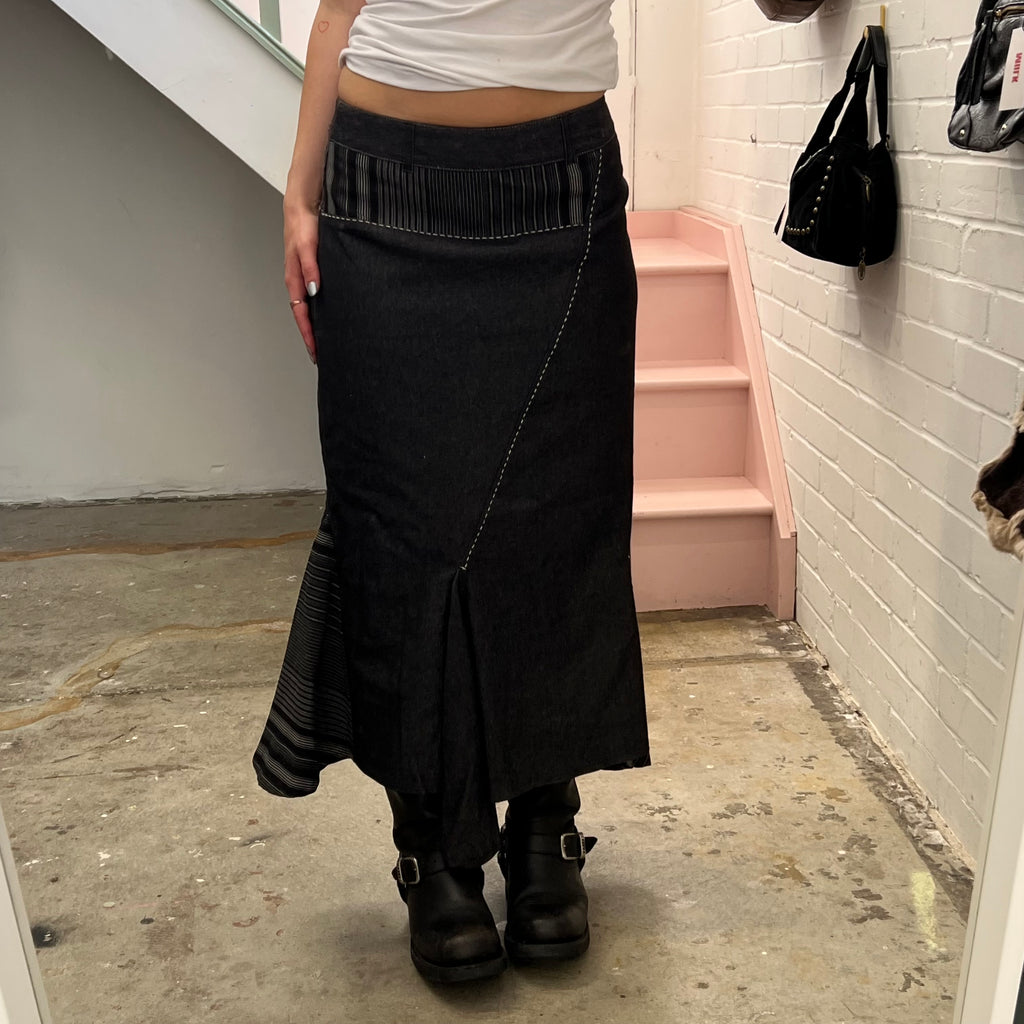 Denim patchwork utility style maxi skirt