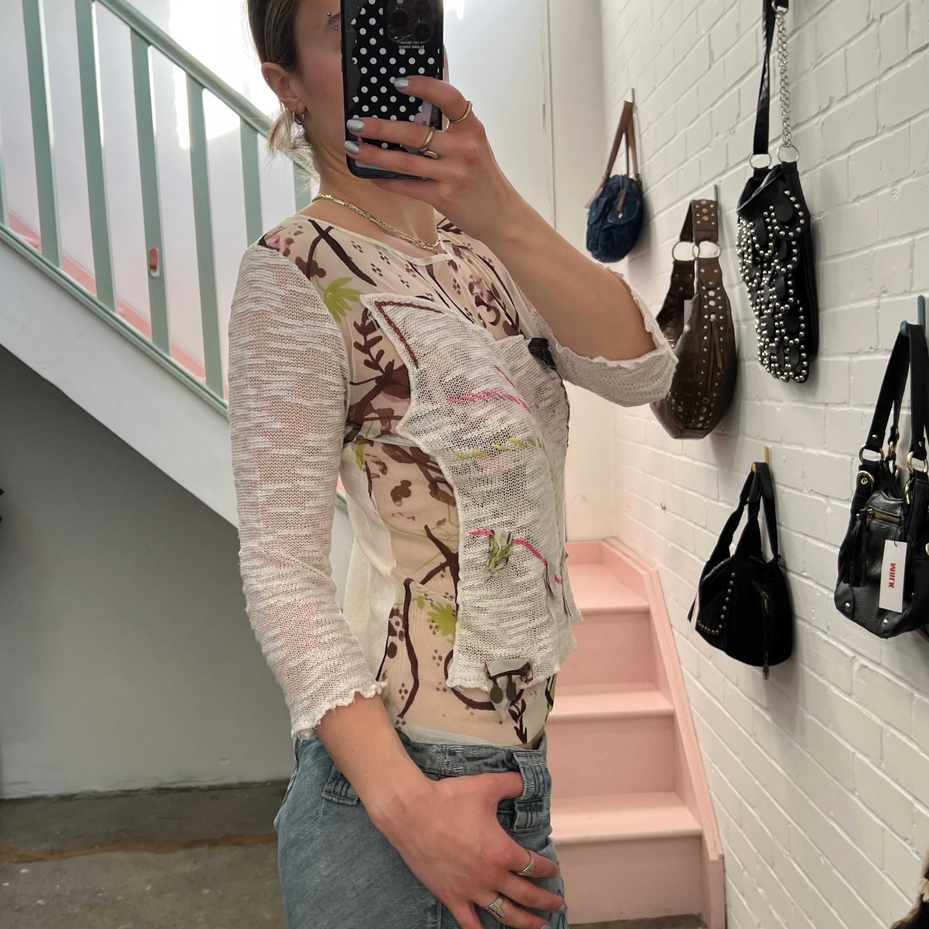 White mesh printed top with stitching detail