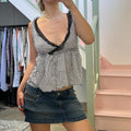 Black and white gingham lace trim vest