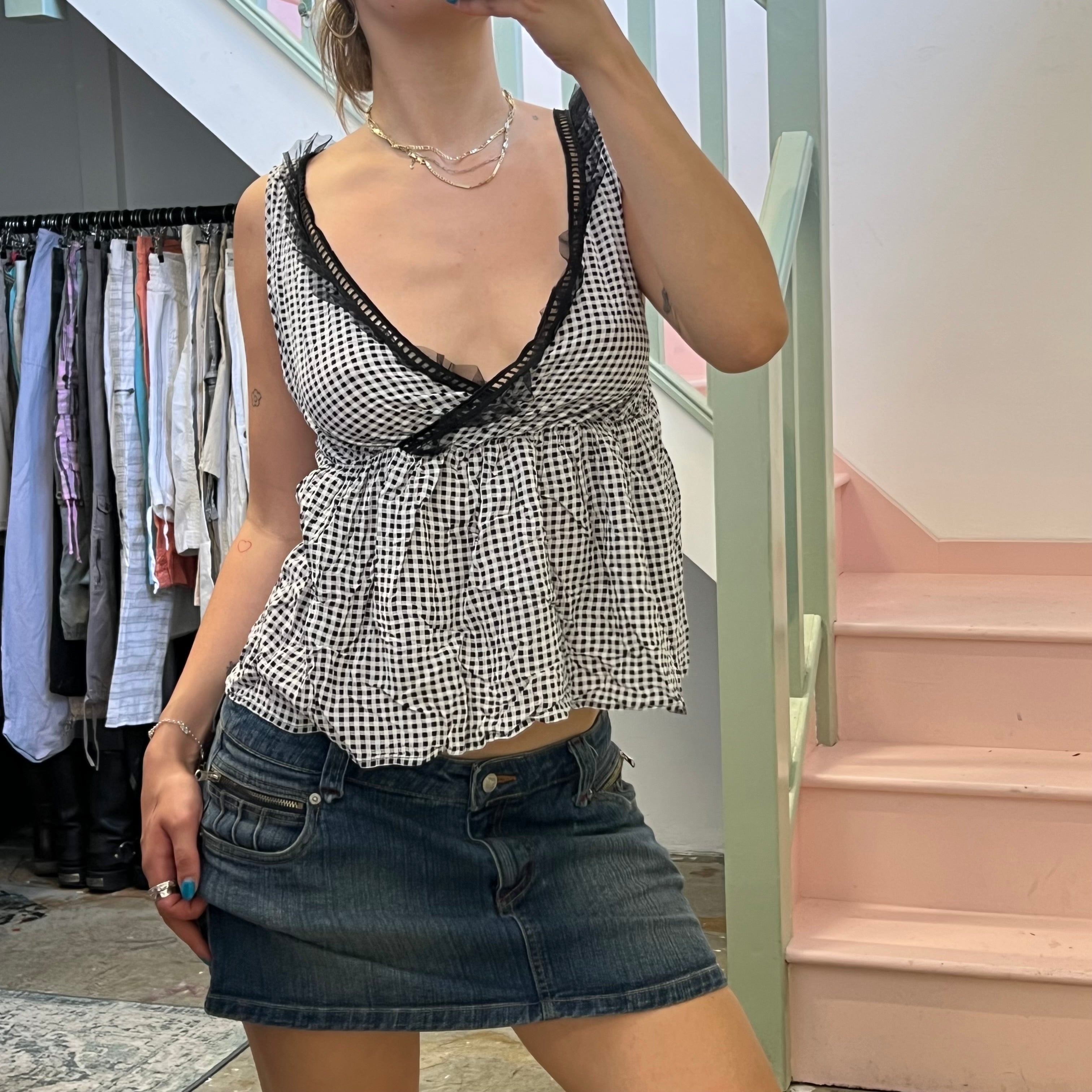 Black and white gingham lace trim vest