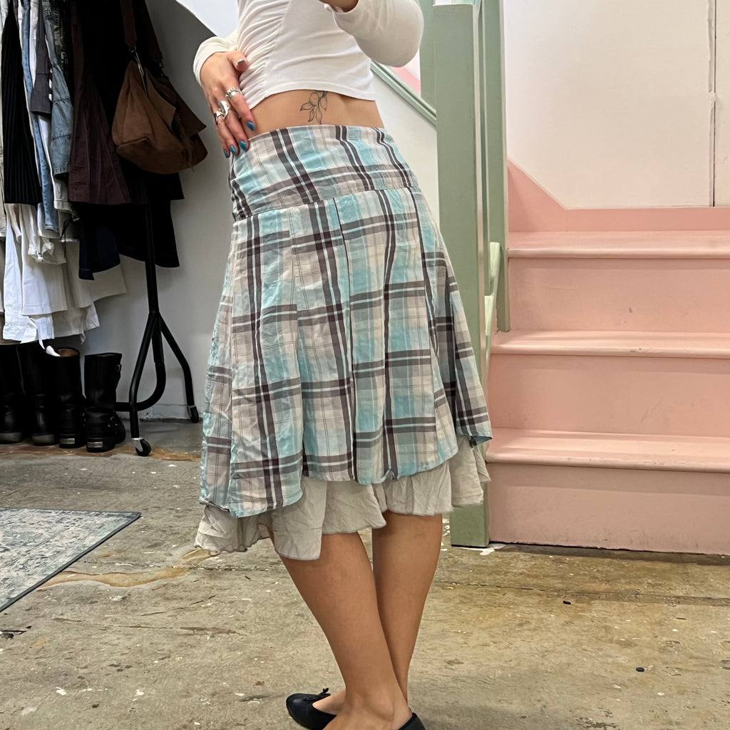 Cache blue and brown checkered layered midi skirt