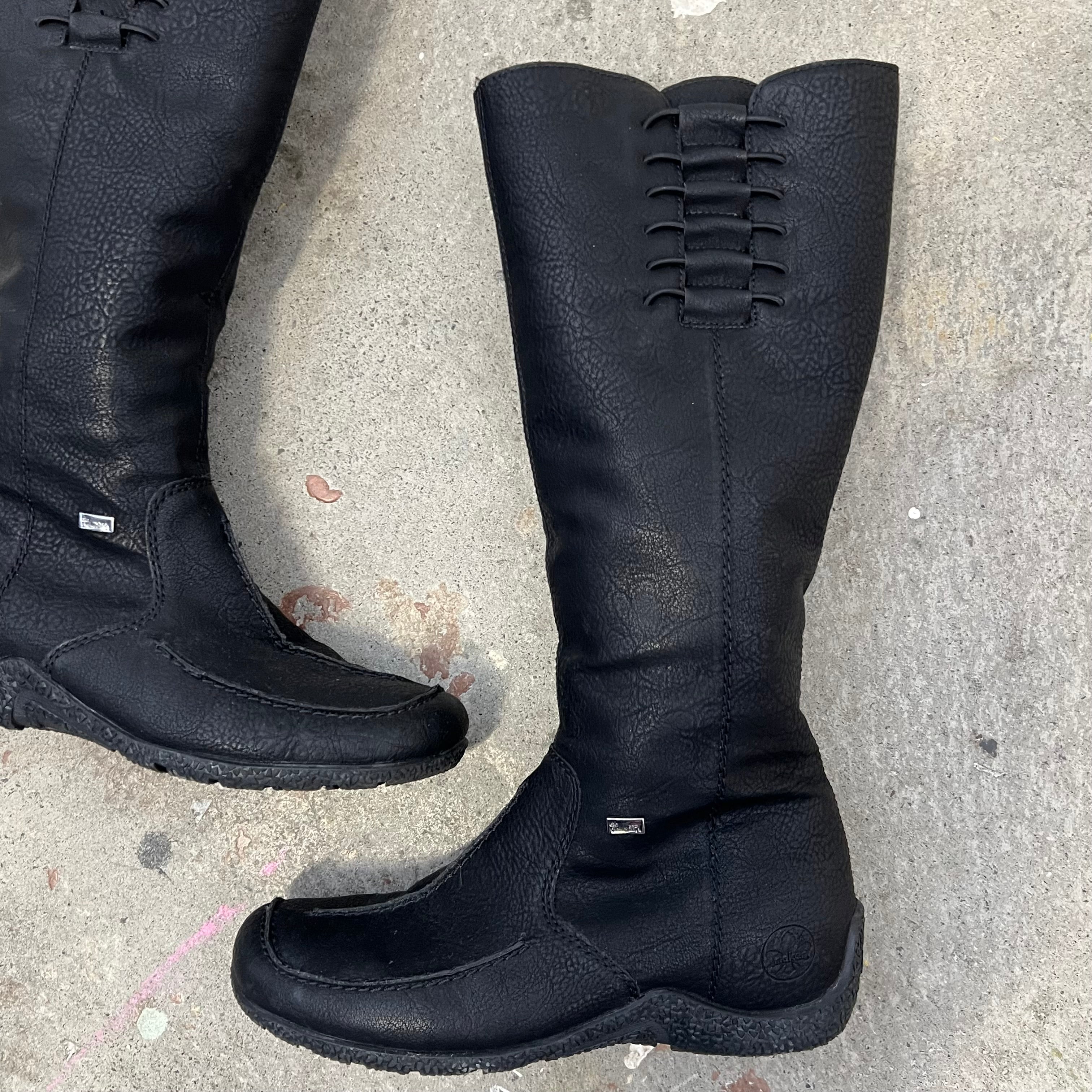 Black faux leather flat lace up knee high boots