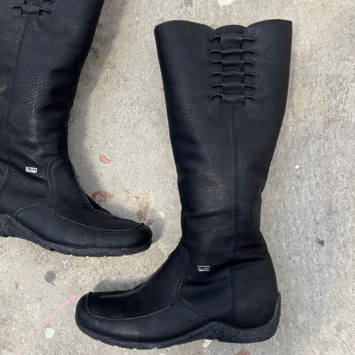 Black faux leather flat lace up knee high boots