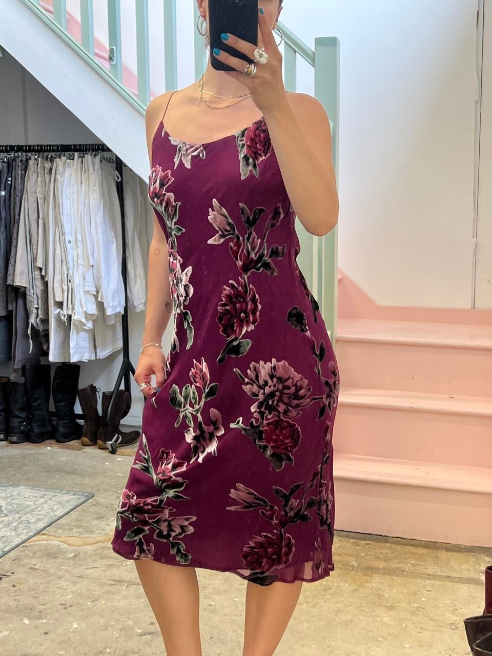 East purple floral silk slip dress