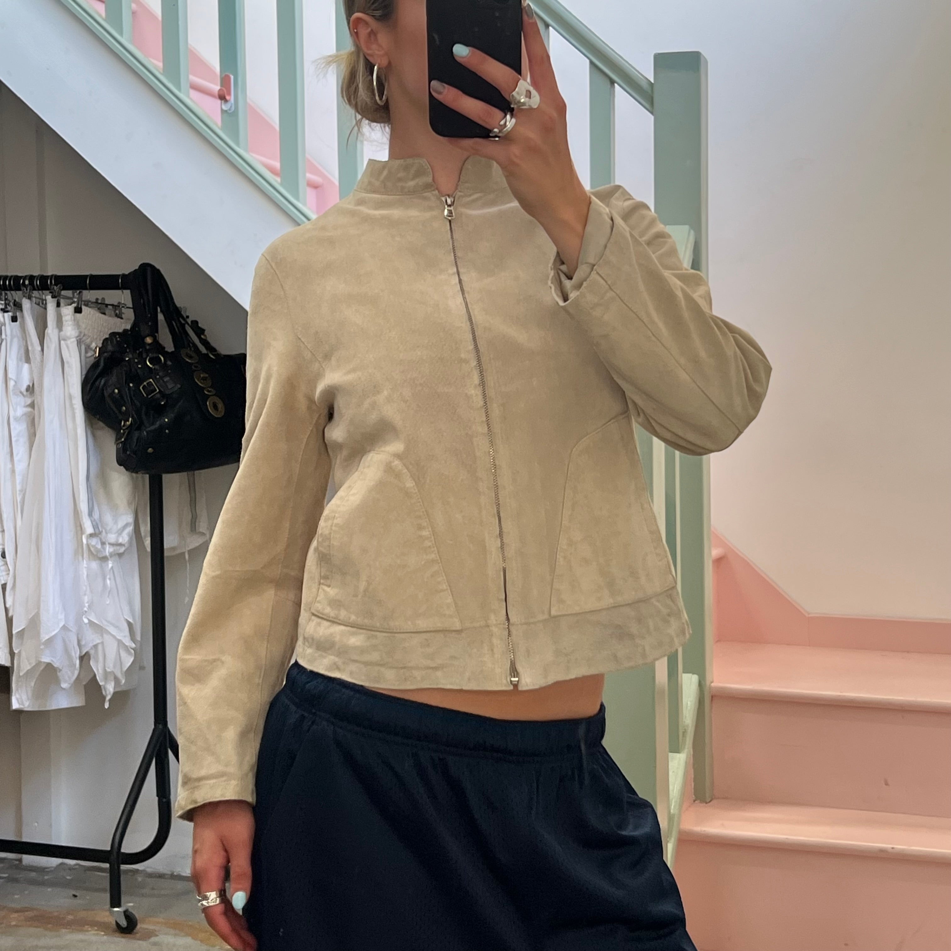 Cream suede zip up fitted jacket