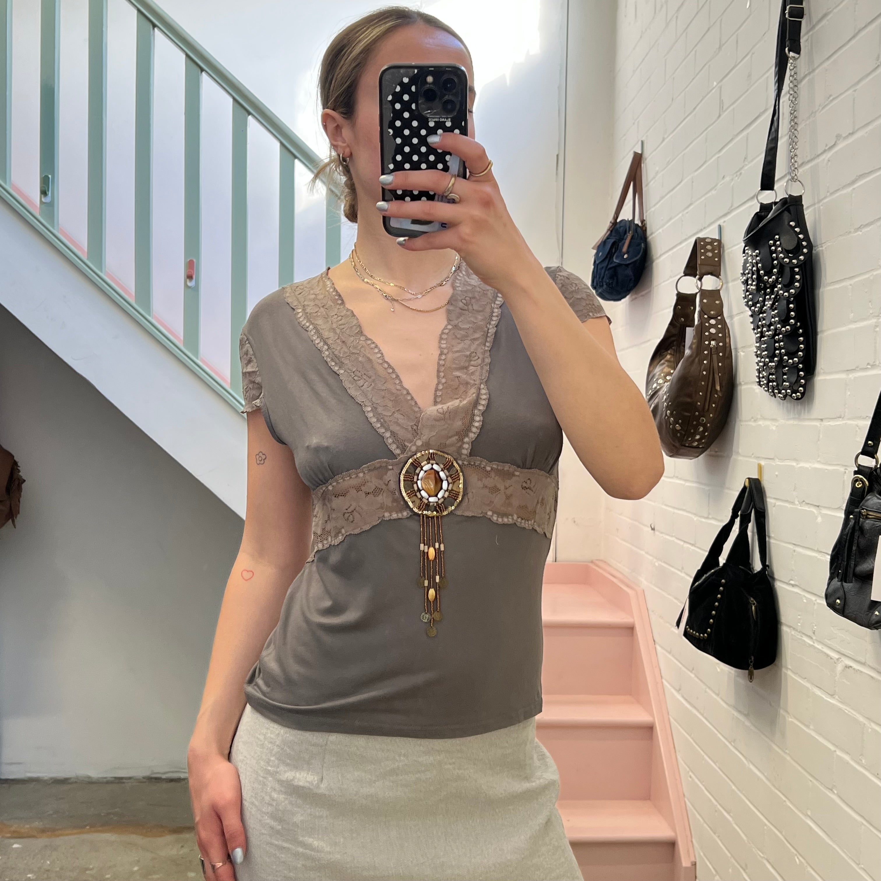 Grey lace trim beaded top
