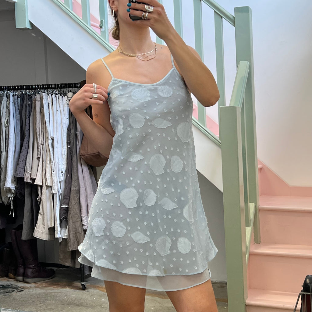 Blue layered seashell mini slip dress