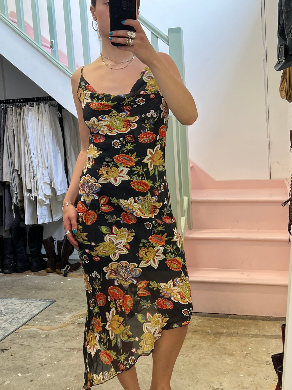 Black paisley cowl neck slip dress