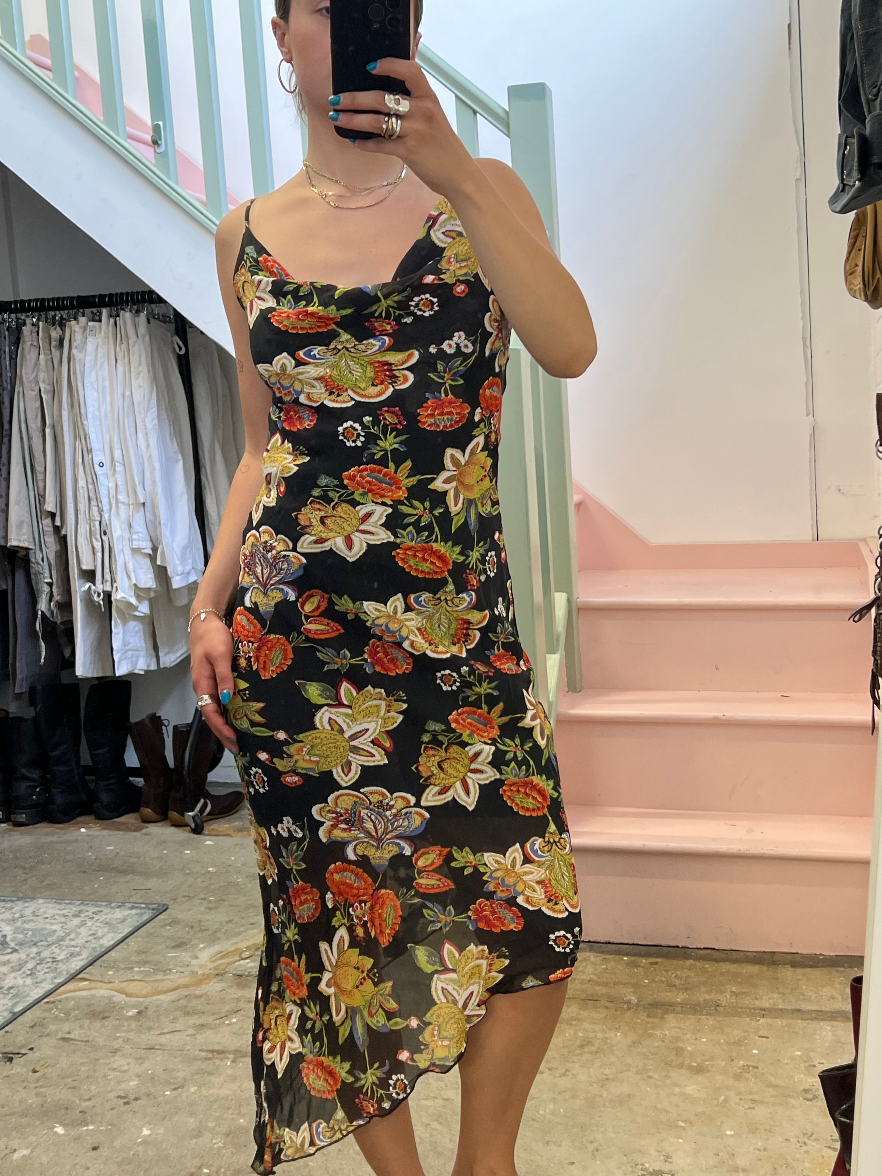 Black paisley cowl neck slip dress
