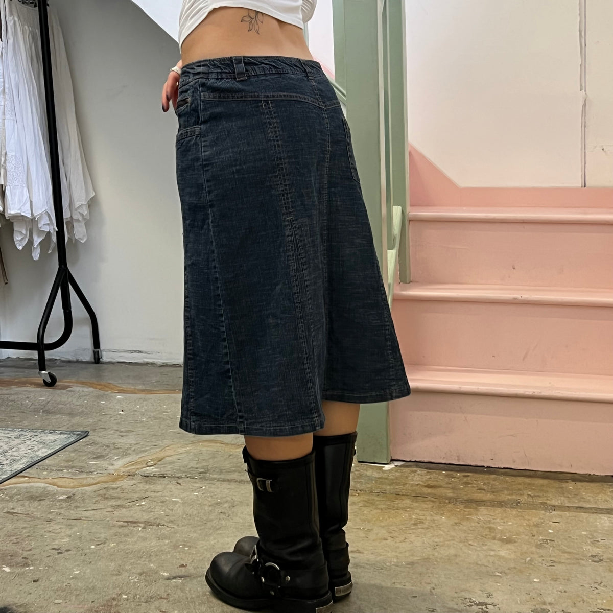 Affinities dark wash denim midi skirt