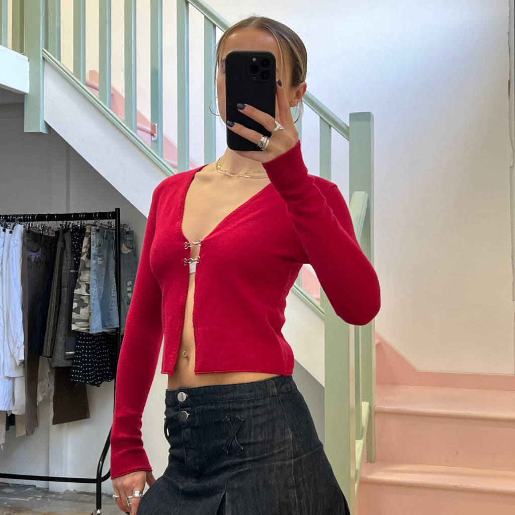 Red hook and eye cardigan