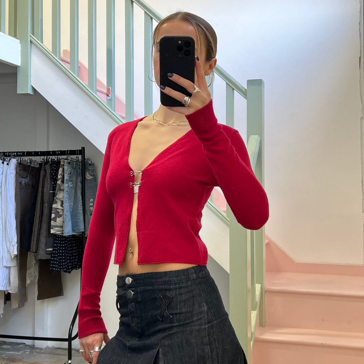 Red hook and eye cardigan