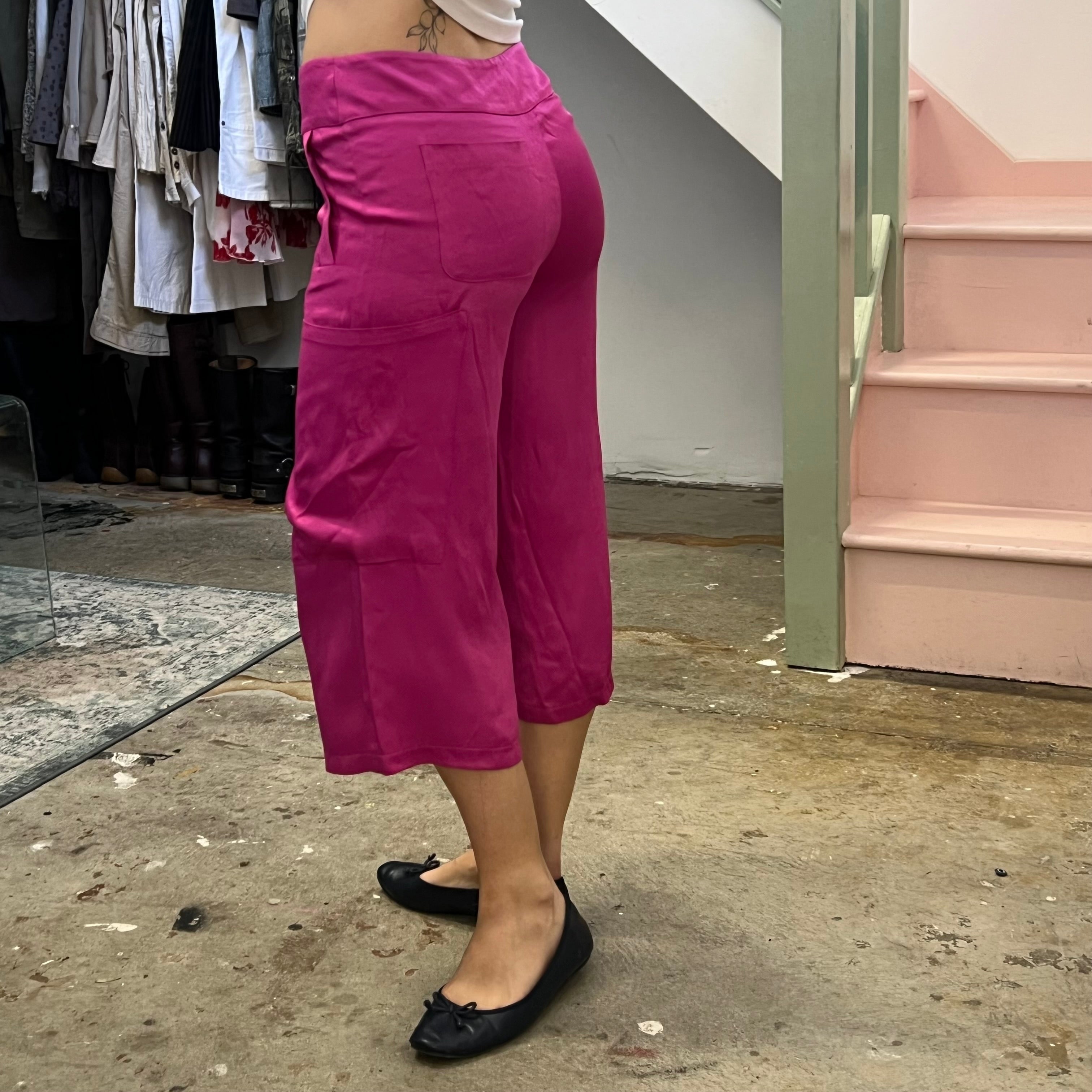 Dark pink satin wide leg tailored capris