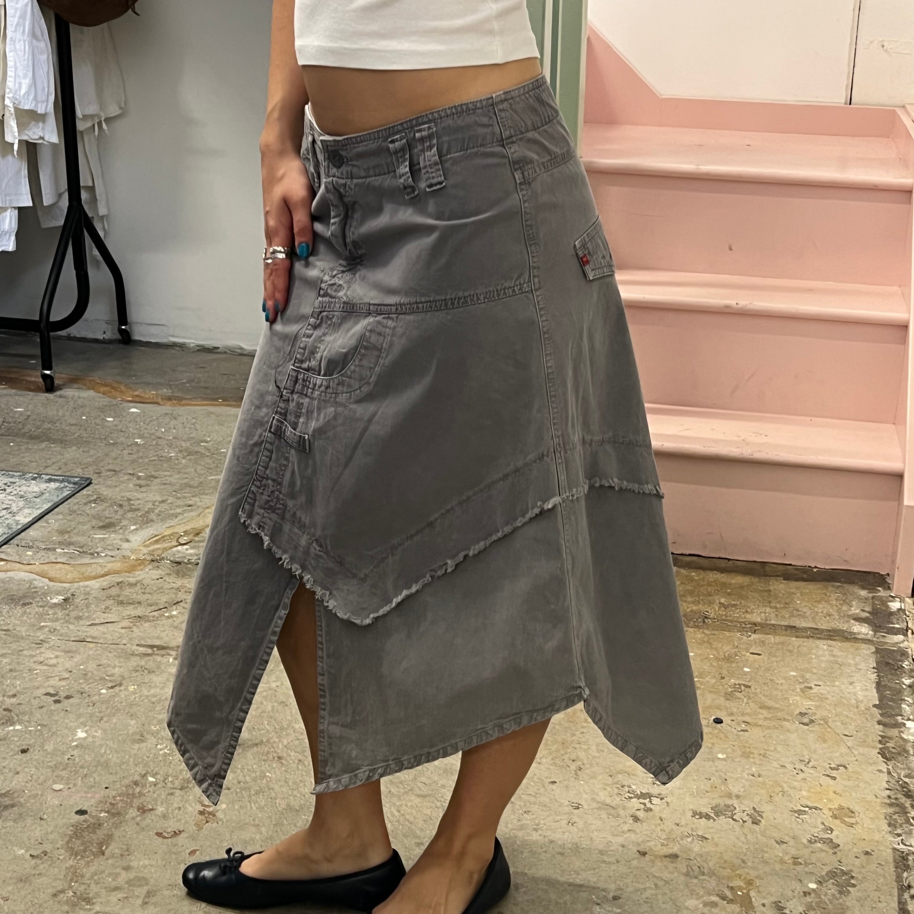 Grey utility style asymmetrical midi skirt