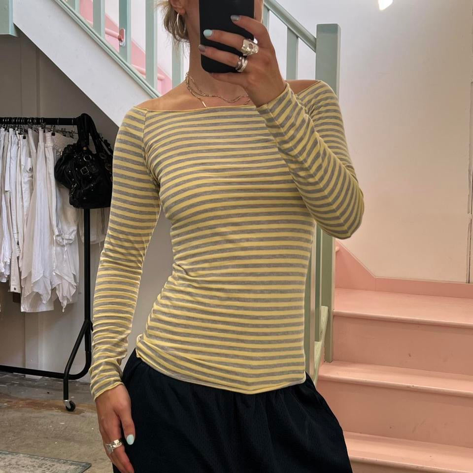 Yellow and grey striped fitted boat neck top