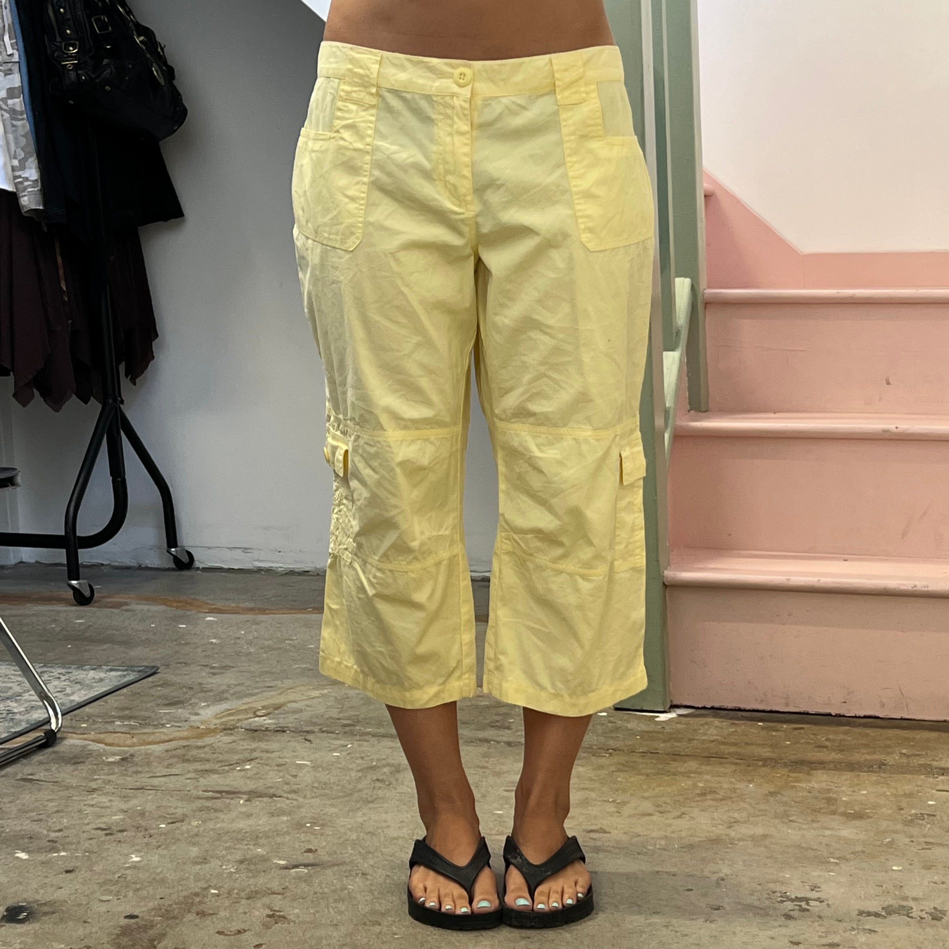 Yellow wide leg cargo capris
