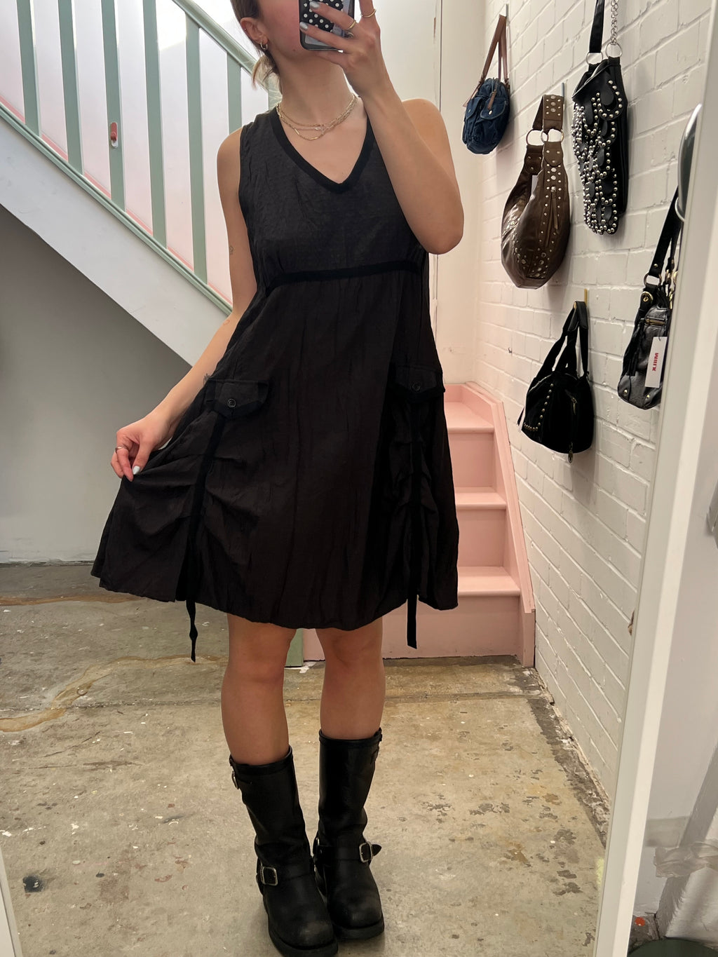 Grey brown crinkle floaty utility midi dress