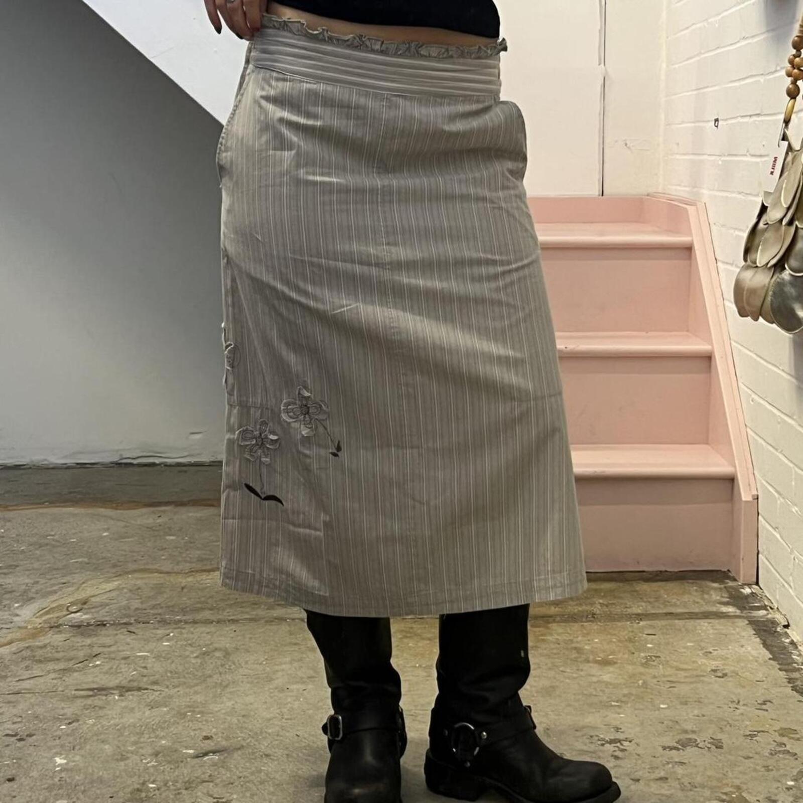 cream and grey pinstripe vintage maxi skirt with floral embroidery