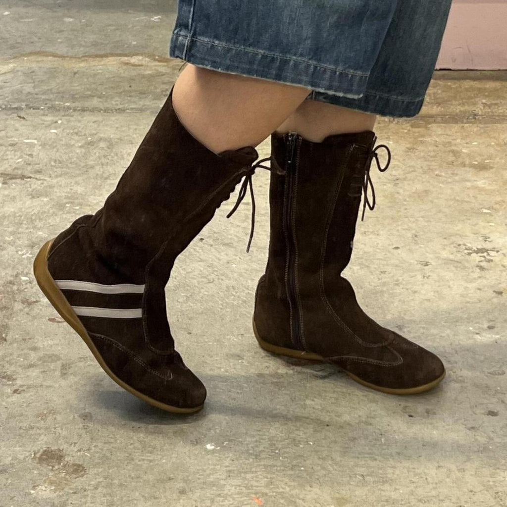 Brown suede mid calf flat boxing boots with white stripes
