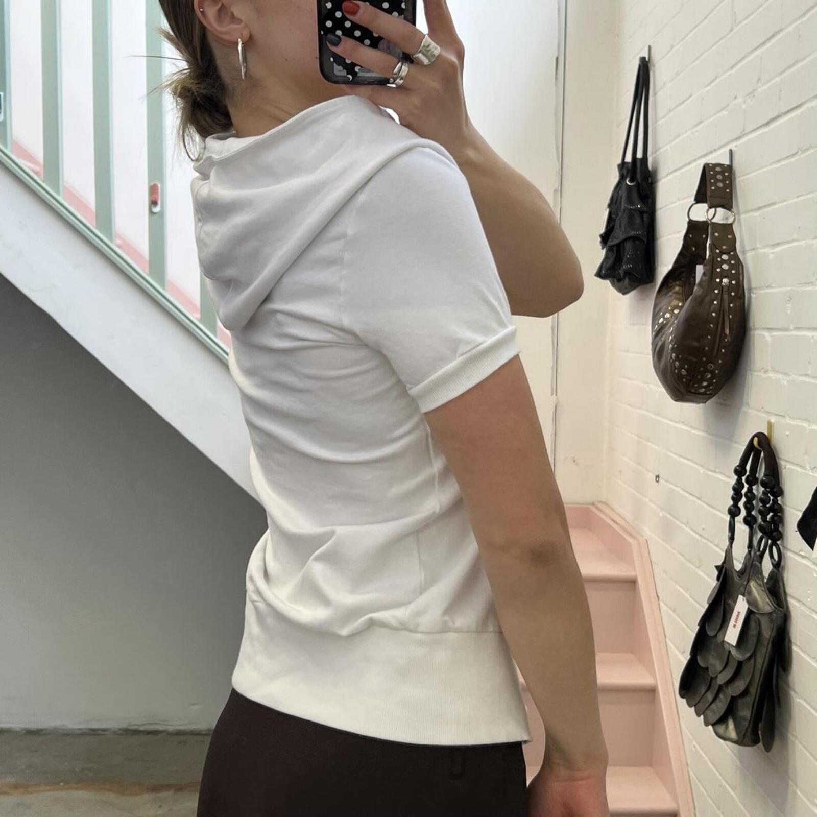 White vintage short sleeve button up hoodie