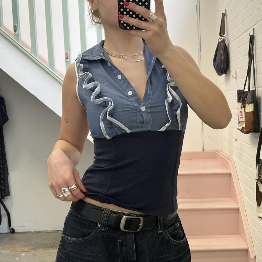 blue and navy fitted vintage shirt vest with ruffles