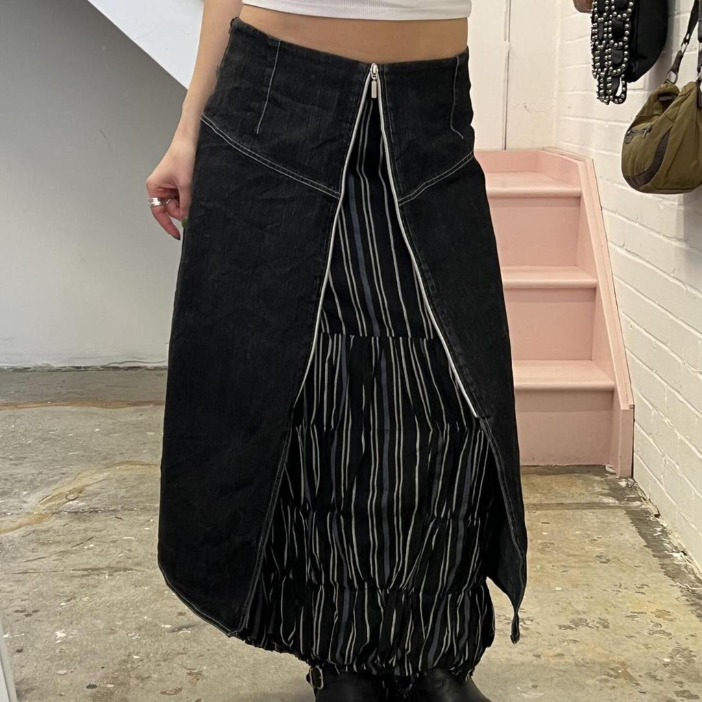 Black denim layered cargo maxi skirt with pinstripe layer and zip