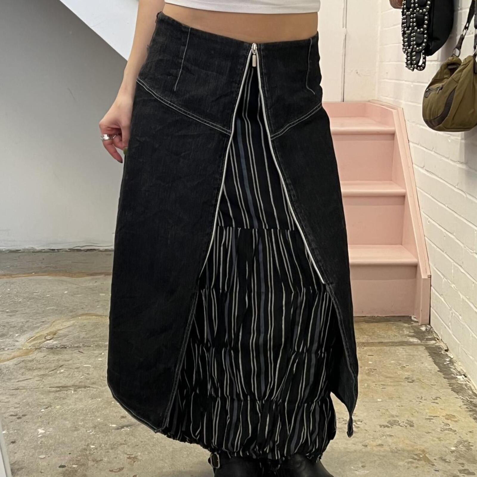Black denim layered cargo maxi skirt with pinstripe layer and zip