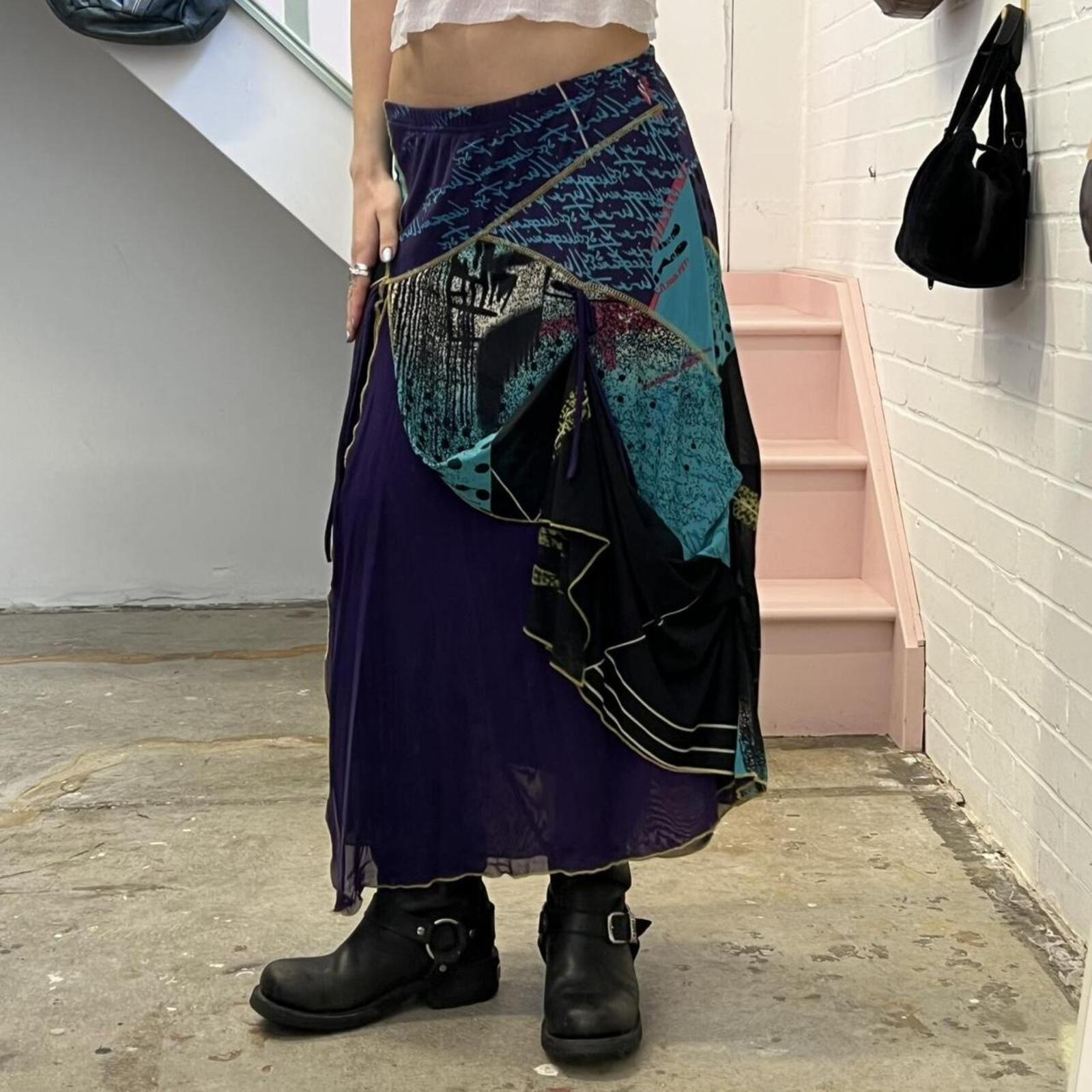 graphic print mesh layered utility style vintage asymmetrical maxi skirt
