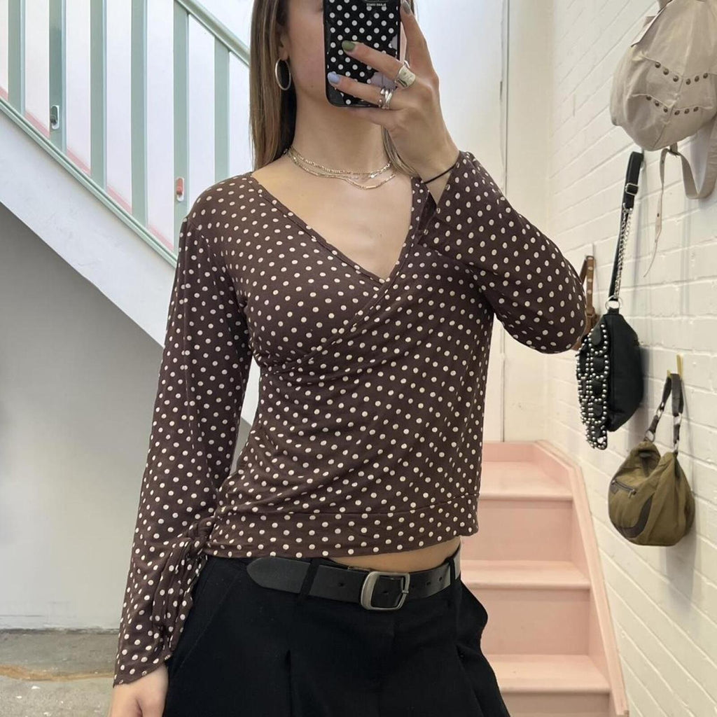 Cache brown and white polka dot v neck vintage fitted long sleeve top